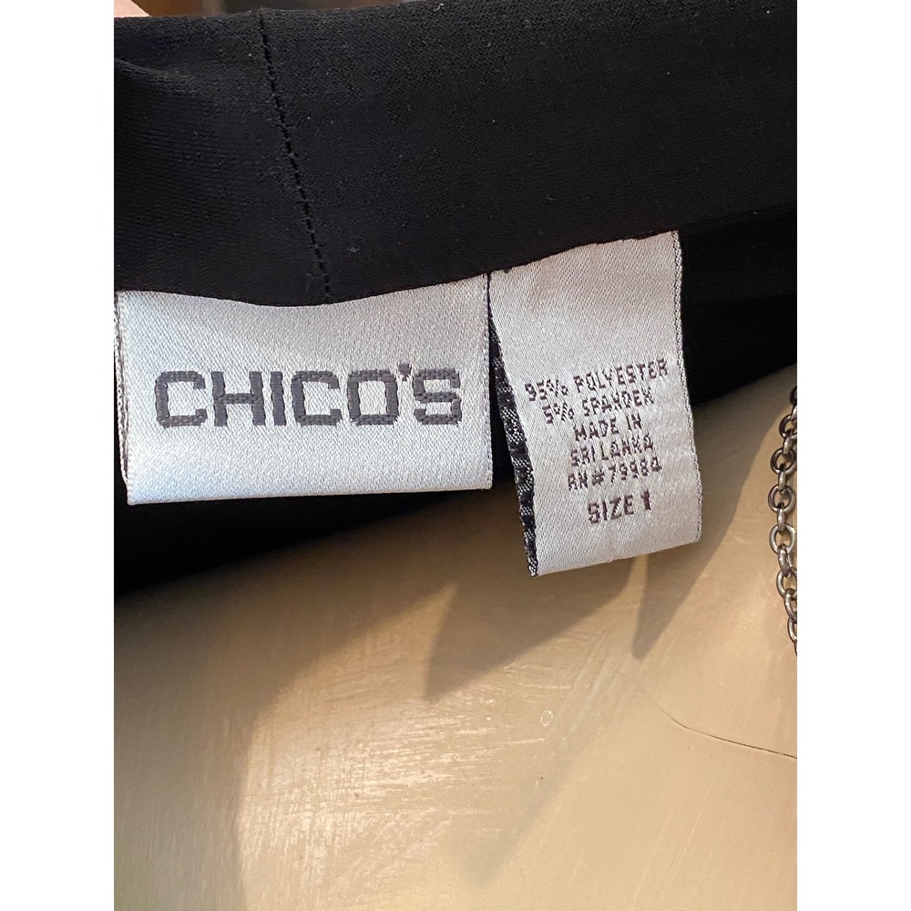 Chico's Black V-Neck Sheath Dress‎ Silver Bar Gathered Waist Size 1 Medium - Picture 7 of 11